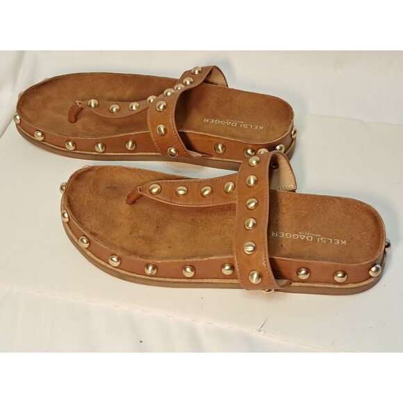 KELSI DAGGER Brooklyn Surface Studded Flat Sandal Leather Brown Gold Size 7.5 - Picture 4 of 8